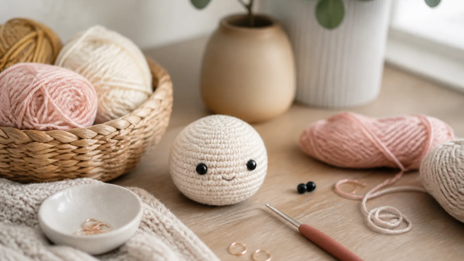 Small beginner amigurumi crochet toy on a craft table with yarn, hook and stitch markers