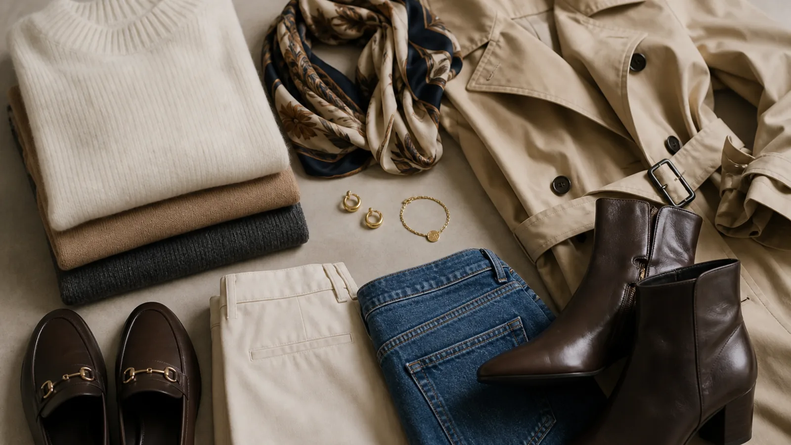 Minimalistische Capsule Wardrobe mit Strick, Jeans, Trenchcoat, Loafern und Accessoires auf hellem Hintergrund