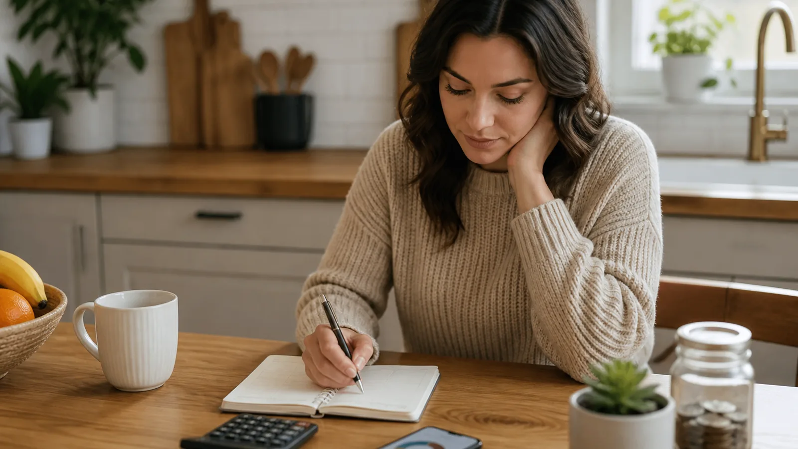 A woman reviewing her budget and savings at a kitchen table