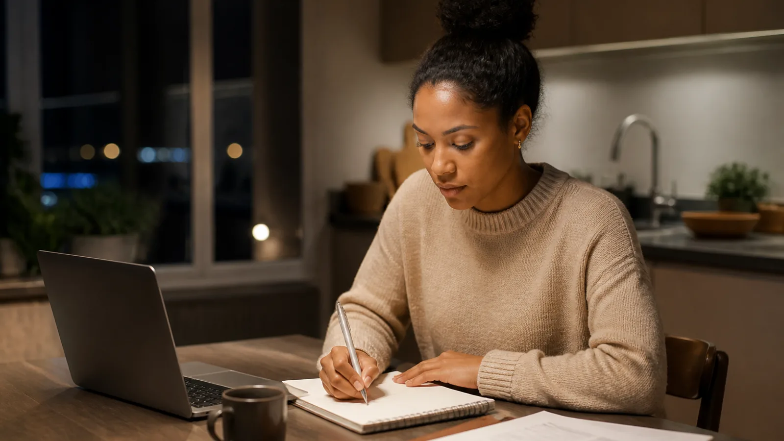 A woman reviewing a business idea at a kitchen table with laptop and notebook in the evening