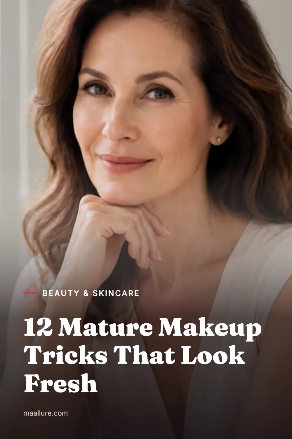 Woman with mature skin wearing fresh natural makeup with lifted blush, soft eye definition and creamy lipstick