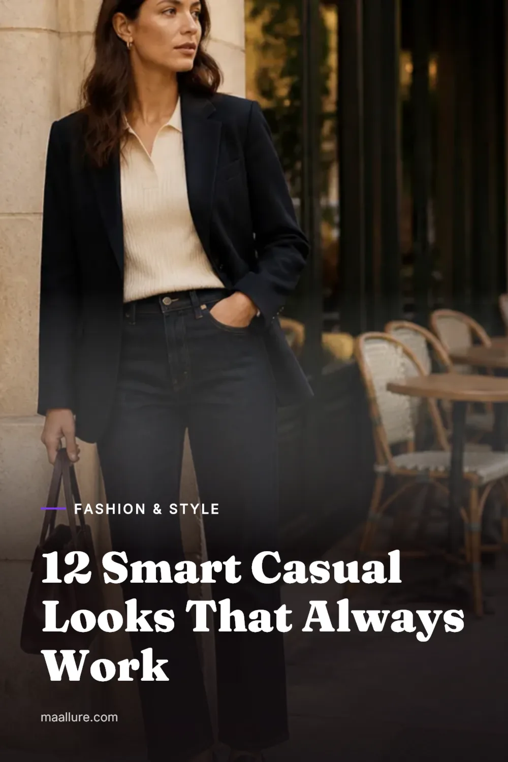 Woman in a blazer, dark jeans and loafers wearing a polished smart casual outfit