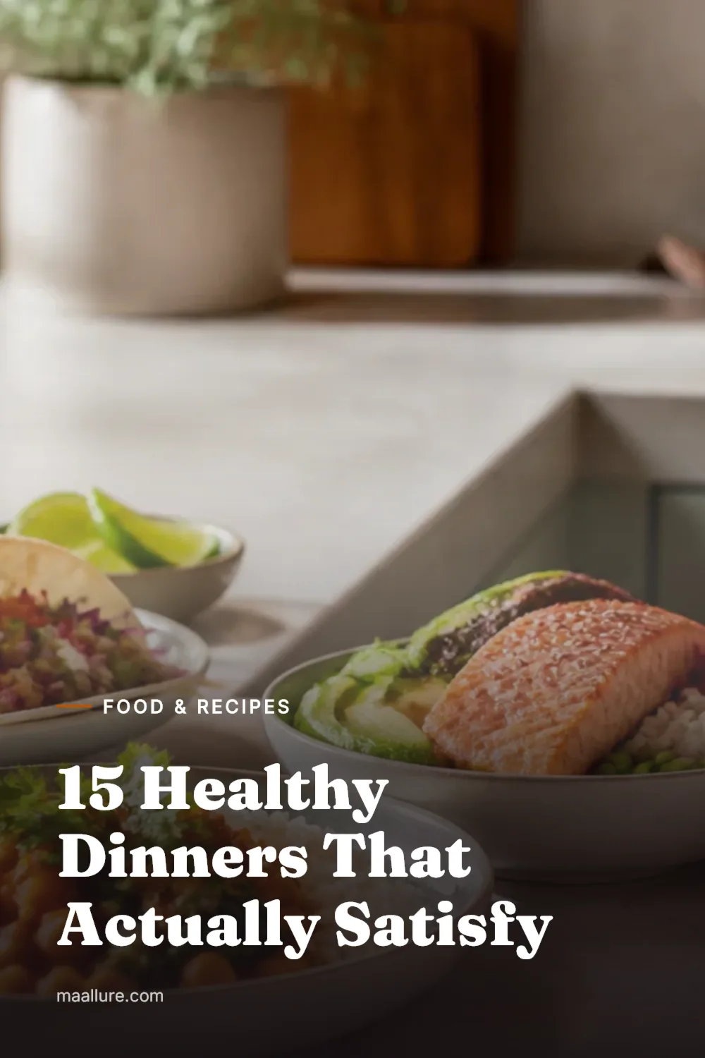 Colourful balanced weeknight dinners with salmon, vegetables, grains, beans and tacos on a kitchen counter