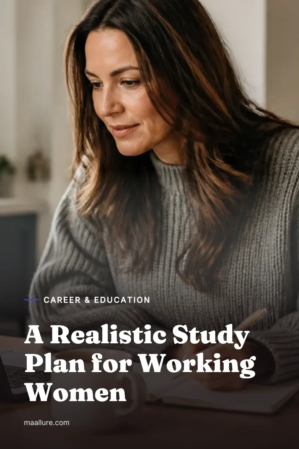 Woman studying online at a kitchen table with a laptop, notebook and planner before work