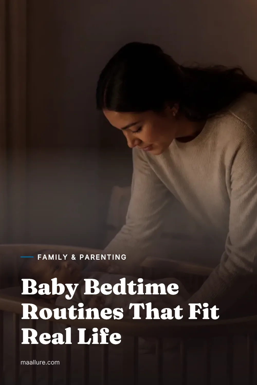 Parent gently settling a baby into a safe crib in a softly lit nursery