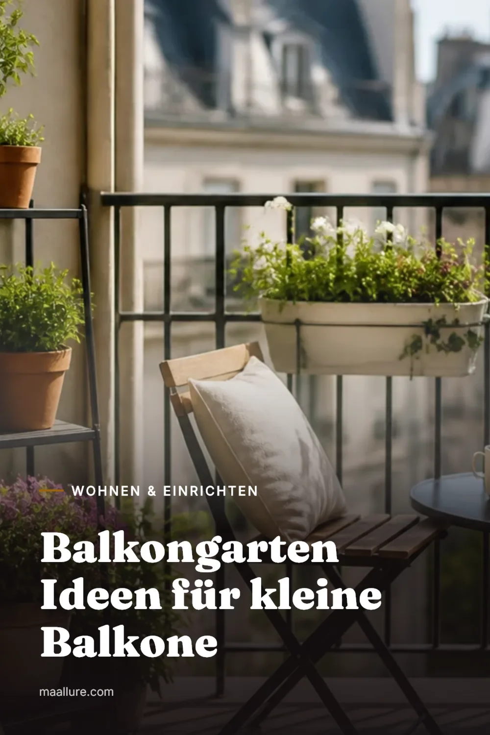 Stilvoll bepflanzter kleiner Balkon einer Stadtwohnung mit Kräutern, Blumen in Kästen und einem Klappstuhl