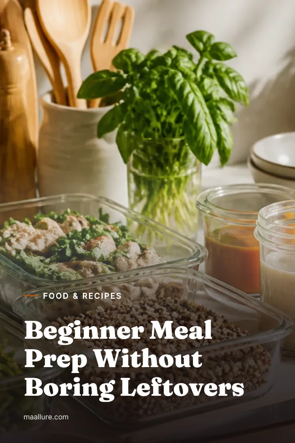 Neatly labelled meal prep containers with grains, vegetables, sauces and fresh ingredients on a bright kitchen counter