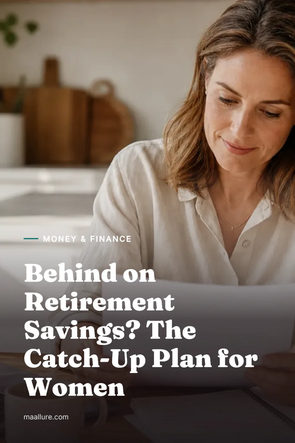 Woman in her forties reviewing pension statements and a laptop at a sunlit kitchen table, planning her retirement savings