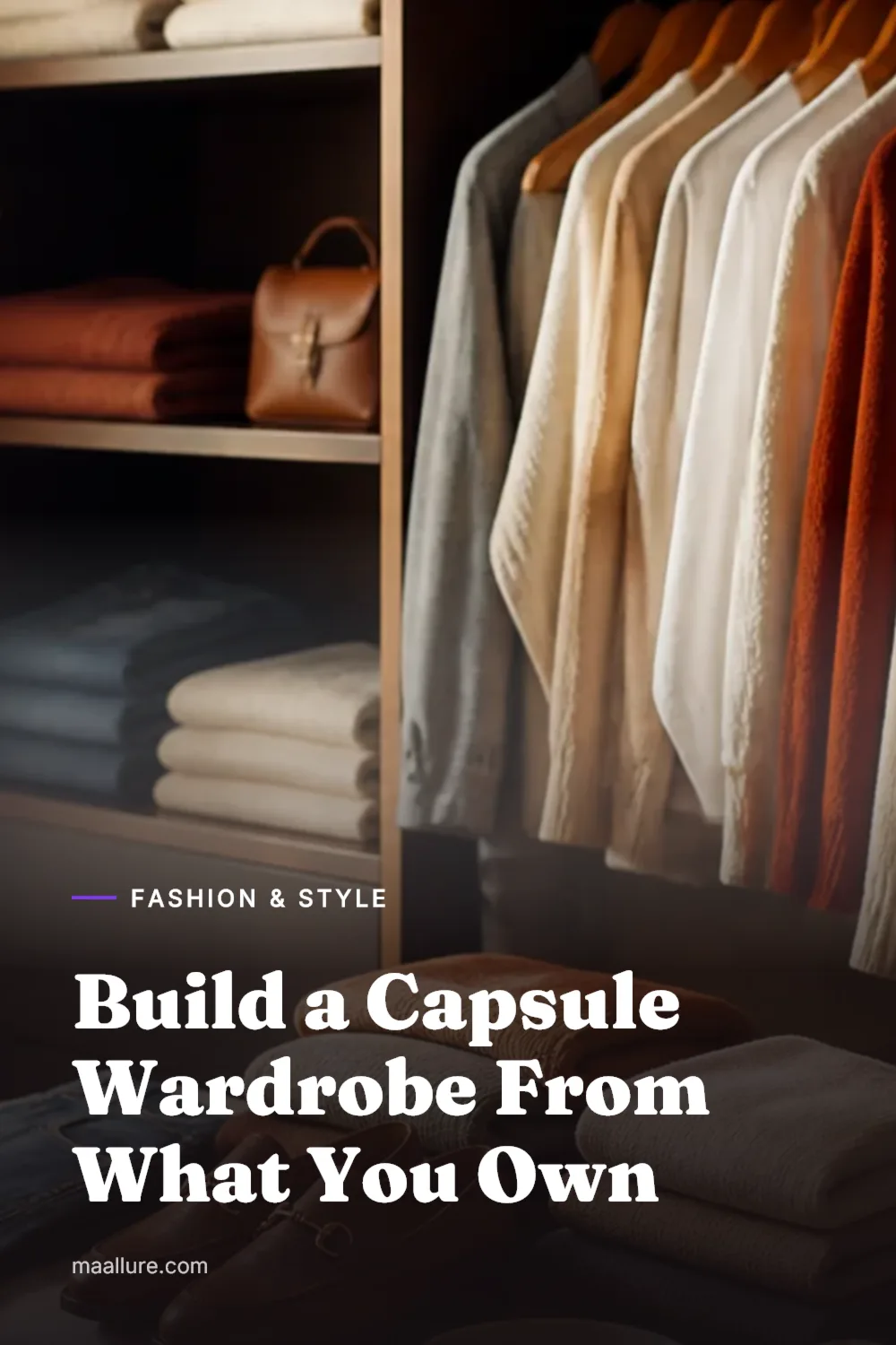 Neatly edited capsule wardrobe with clothes, shoes and accessories arranged in a bright bedroom