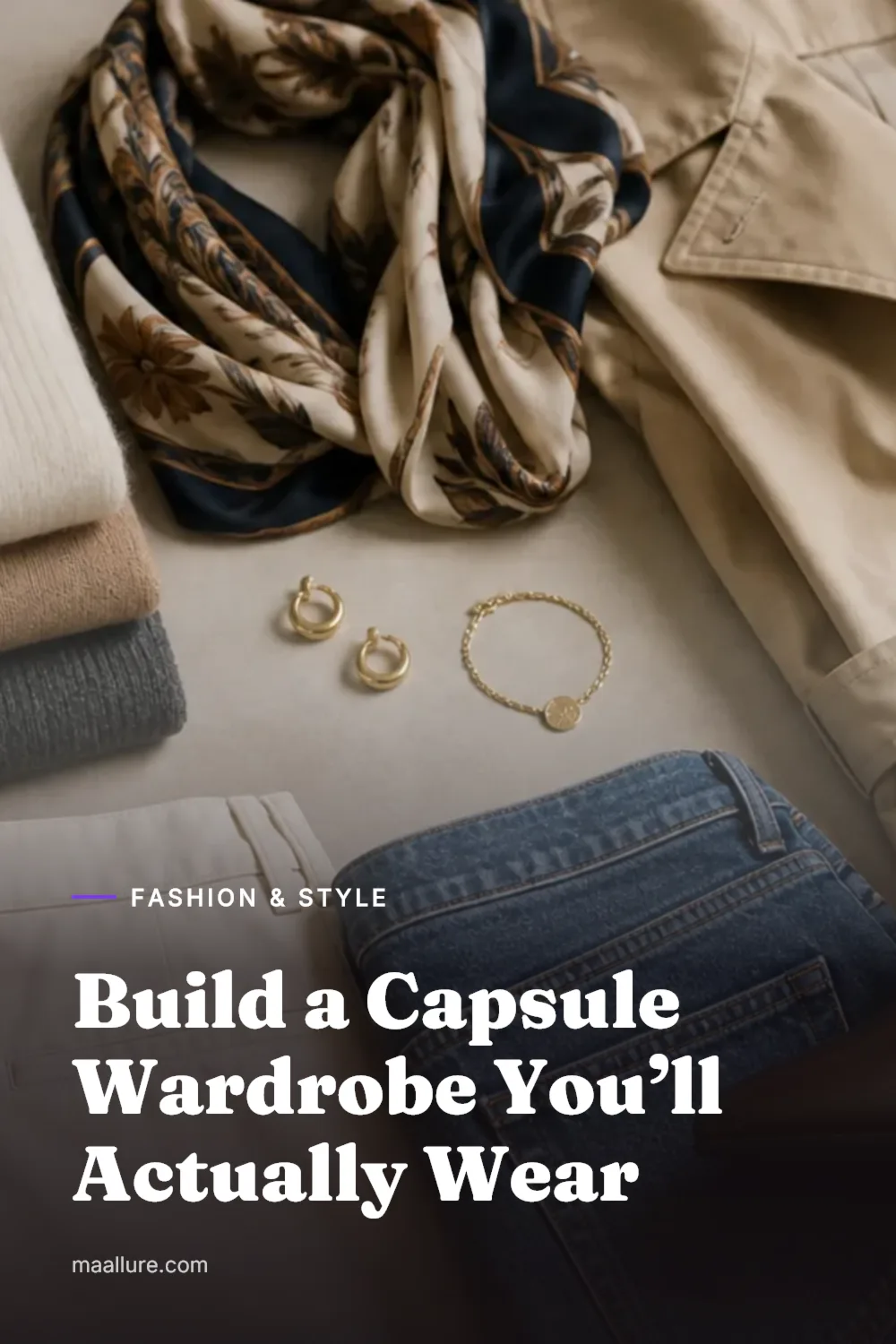 Neutral capsule wardrobe pieces laid out with knitwear, denim, trousers, coats, shoes and accessories