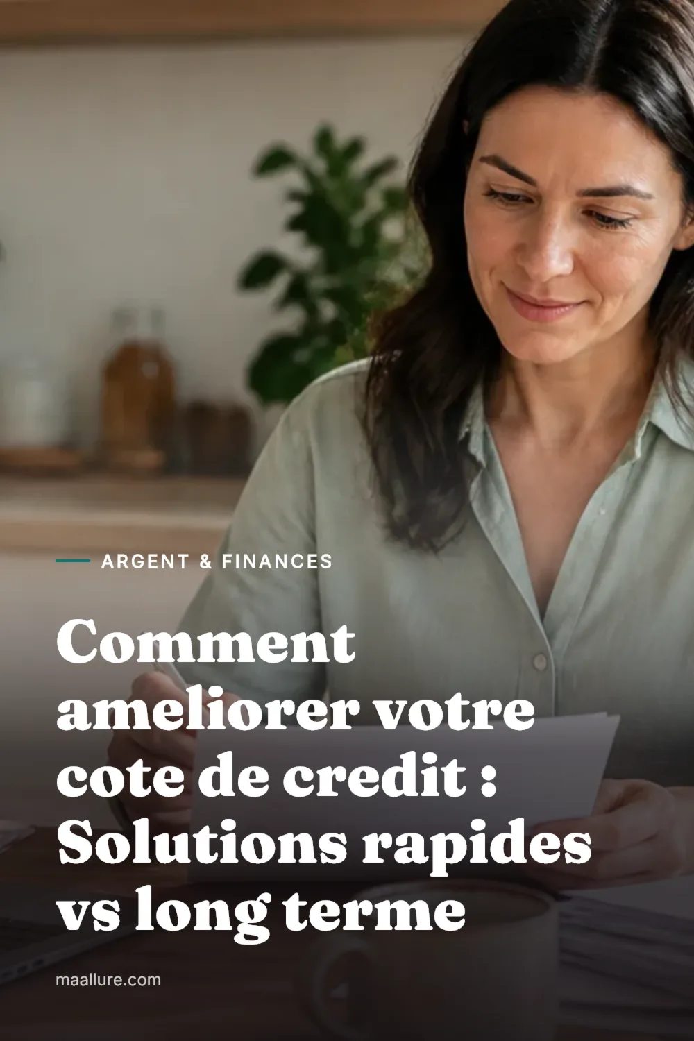 Femme a une table de cuisine eclairee par le soleil examinant des etats financiers et un ordinateur portable tout en verifiant son rapport de credit