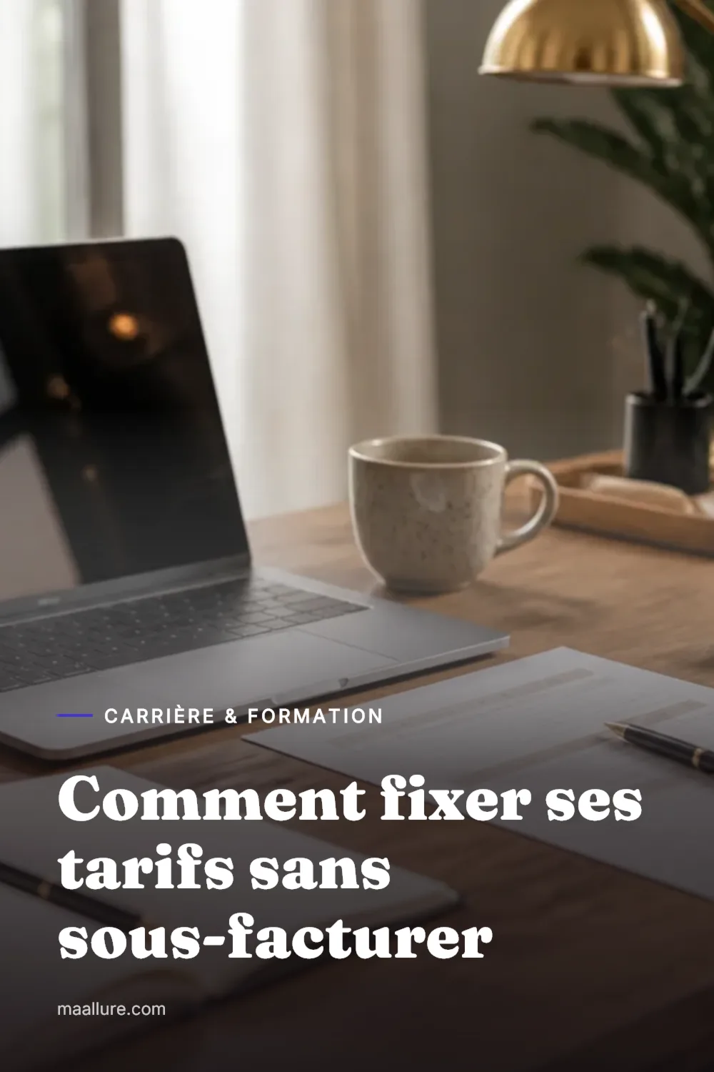 Bureau épuré avec ordinateur portable, carnet et calculatrice pour définir ses tarifs de freelance