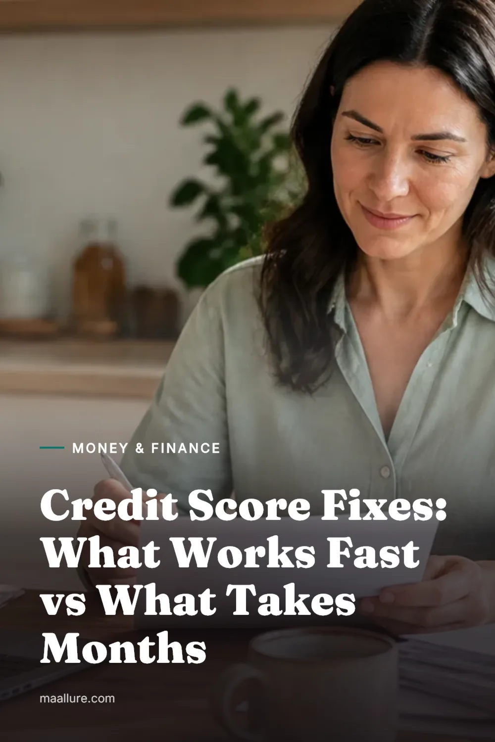 Woman at a sunlit kitchen table reviewing financial statements and a laptop while checking her credit report