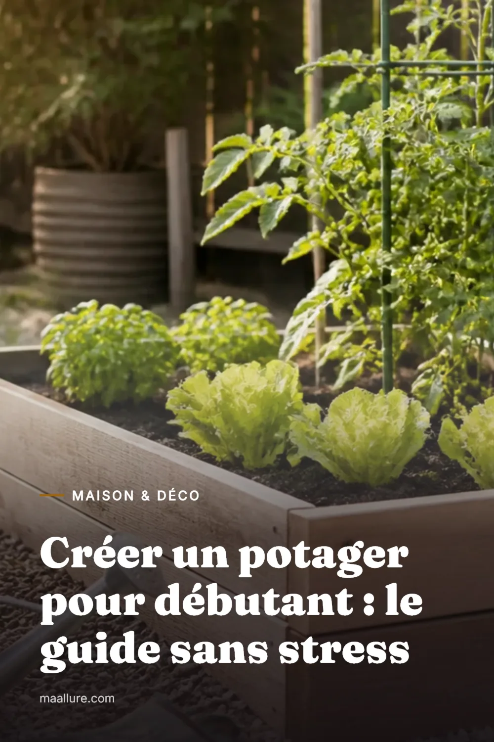 Premier potager simple et bien ordonné avec carré potager surélevé, salades, tomates cerises et herbes aromatiques