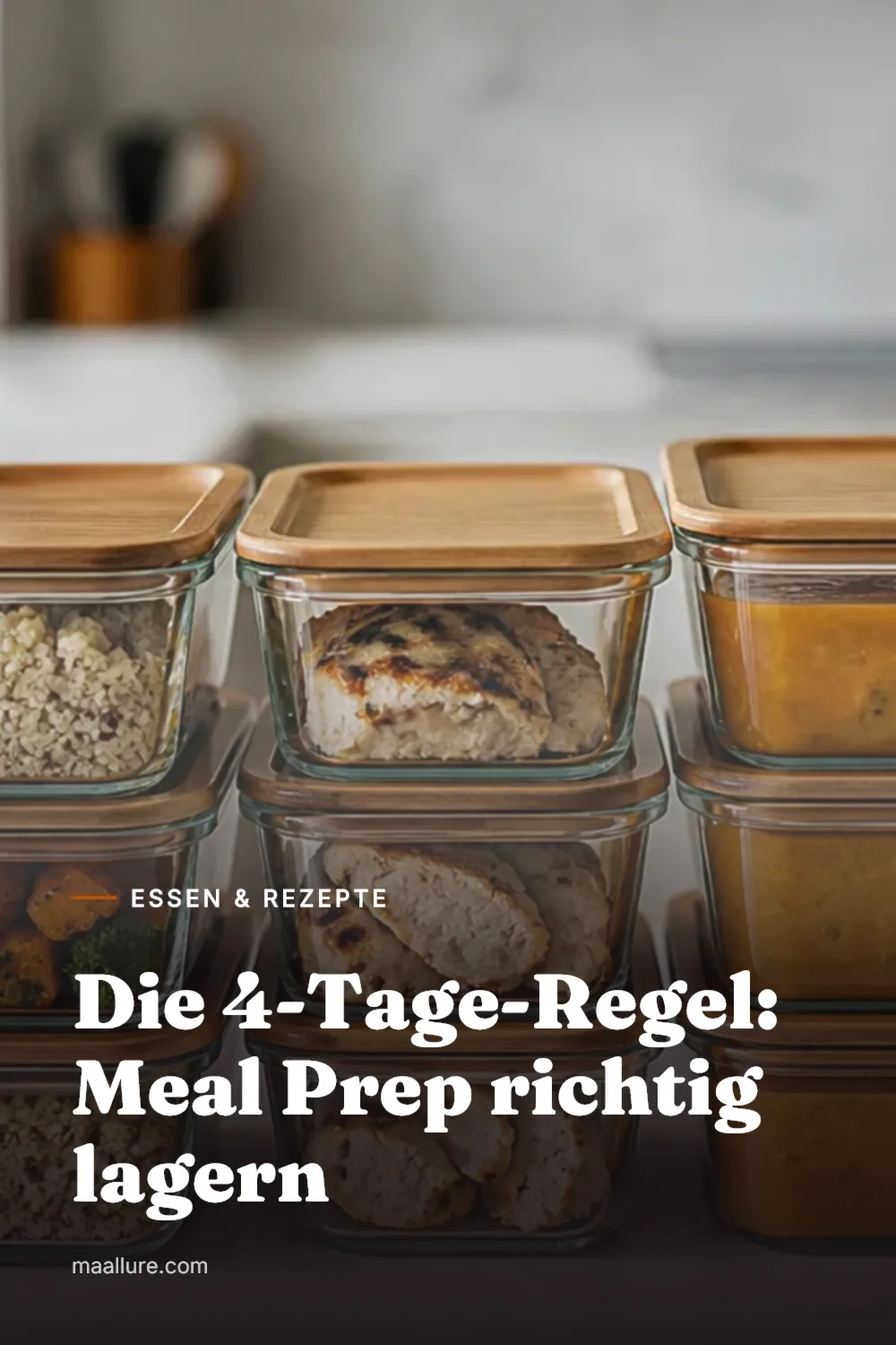 Übersichtlich beschriftete Glasbehälter mit Meal-Prep-Gerichten wie Reis, Gemüse, Hühnchen und Suppe in einer modernen Küche