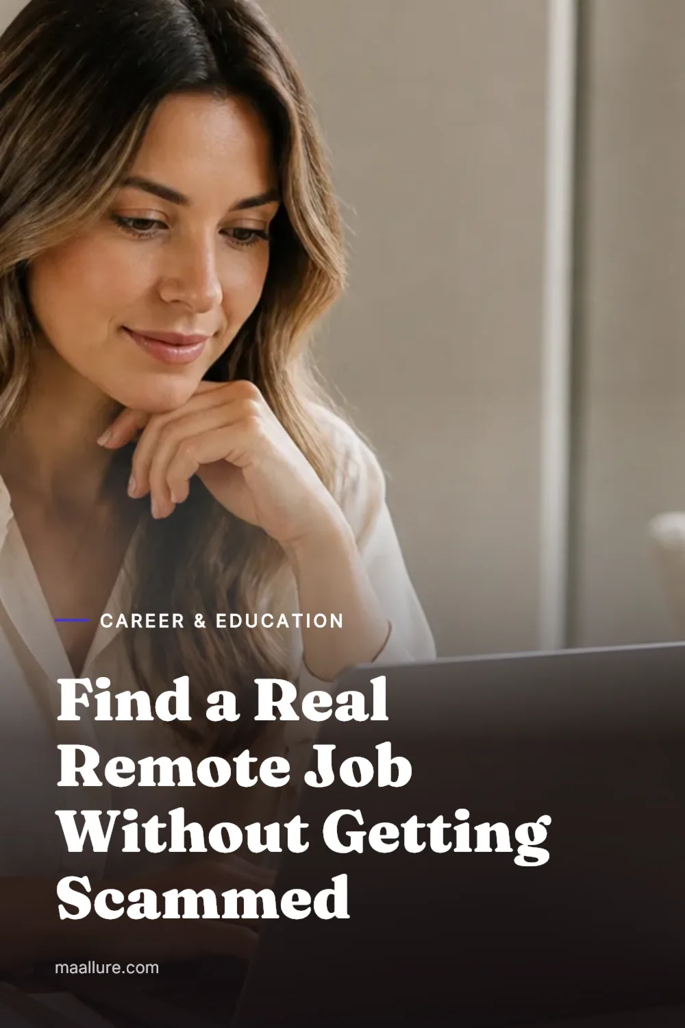 Woman reviewing remote job listings on a laptop in a bright home office
