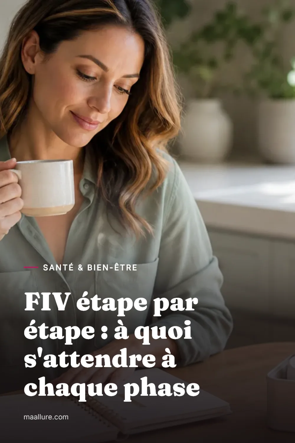 Une femme assise à une table de cuisine lumineuse avec du thé et un carnet ouvert à côté d'une petite boîte de fournitures médicales, se préparant sereinement à un cycle de FIV