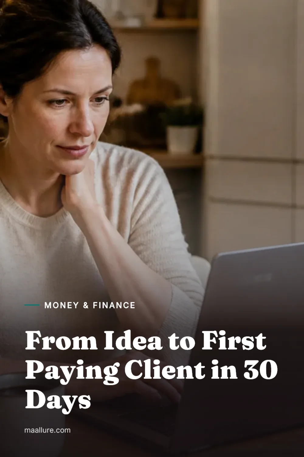 Woman planning her side hustle at a kitchen table in morning light with a laptop, notebook and coffee