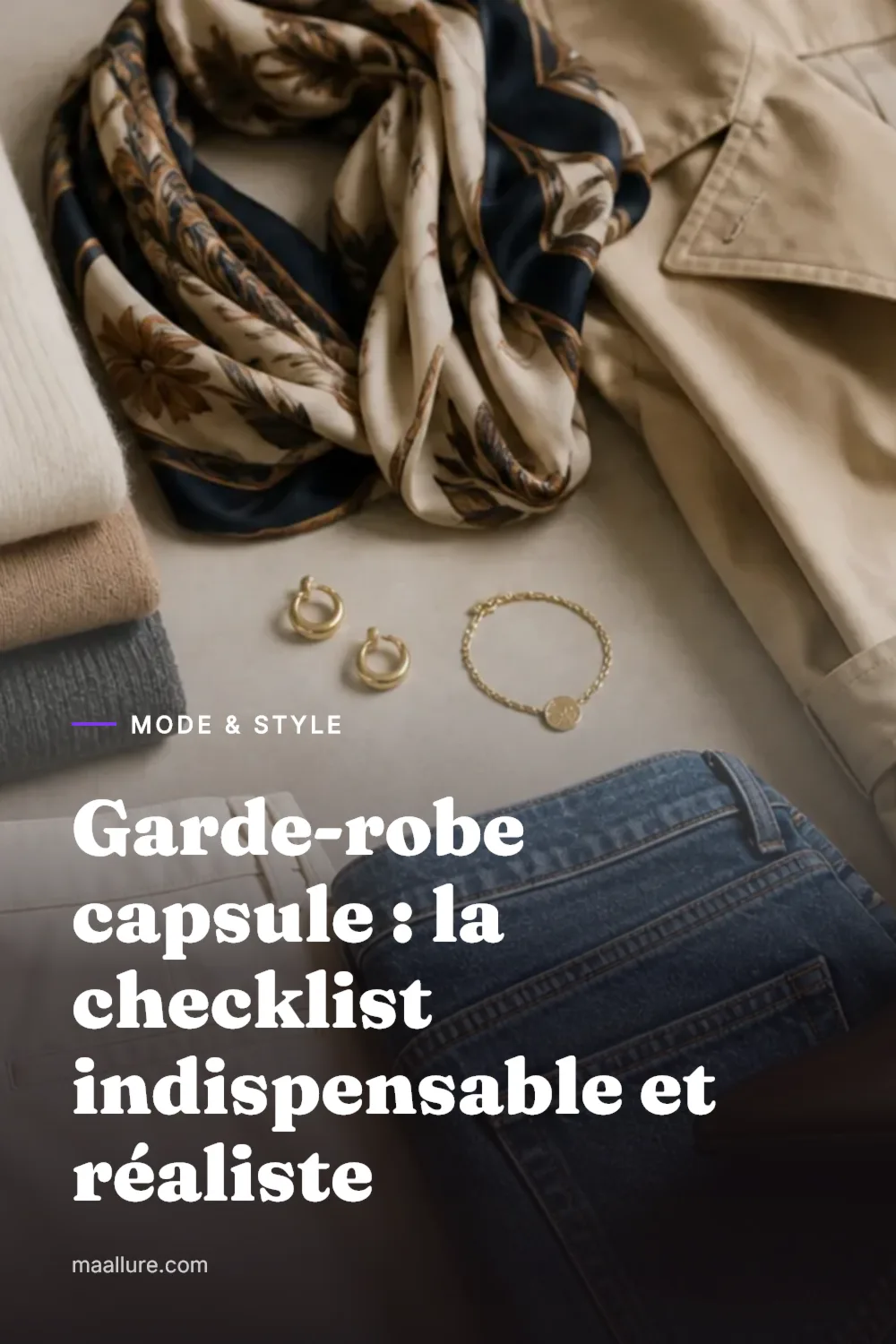 Dressing minimaliste ordonné composé de mailles douces, d'un pantalon fluide, d'un trench intemporel et de mocassins en cuir