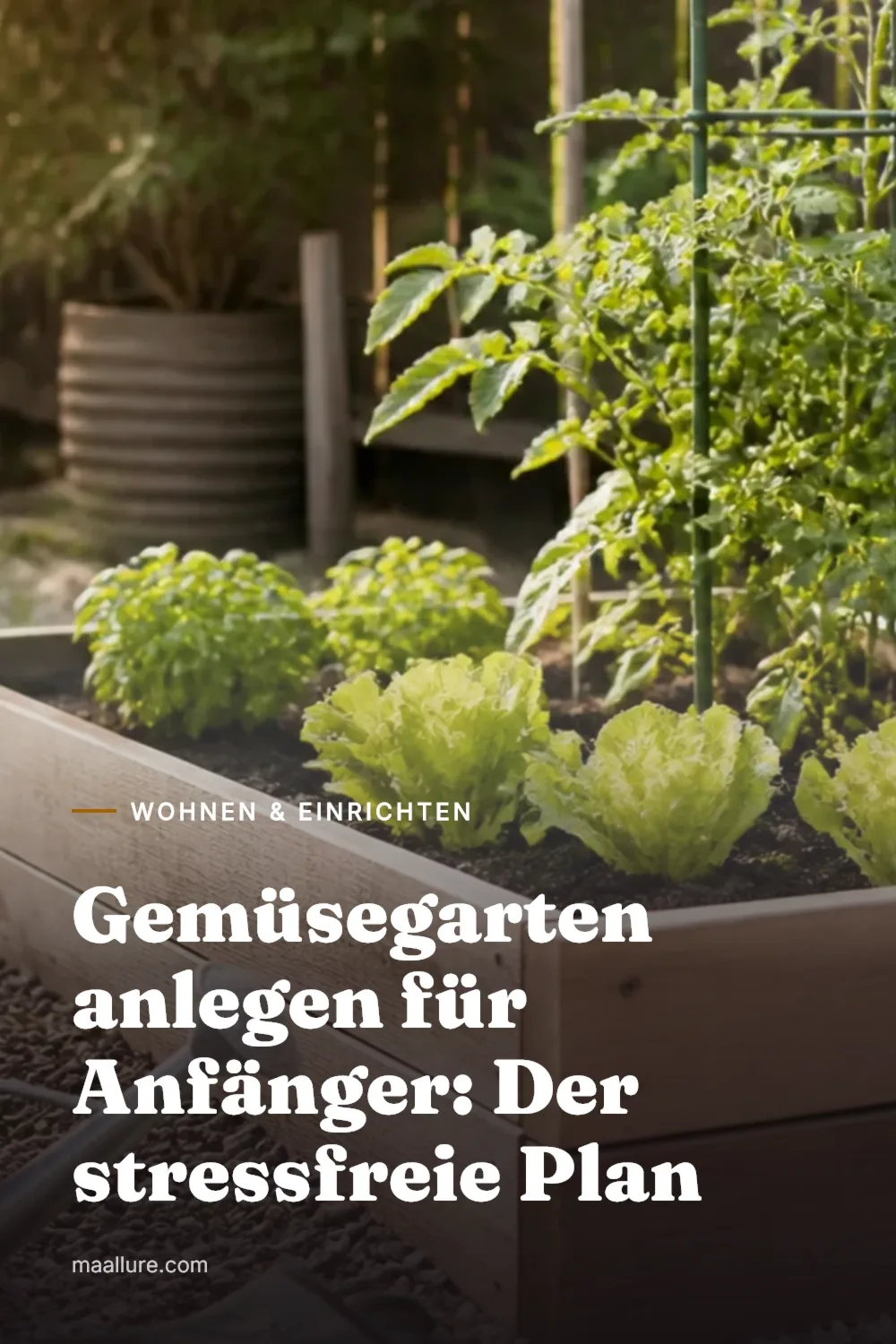 Übersichtlicher Gemüsegarten für Anfänger mit Hochbeet, Pflanzkübeln auf der Terrasse, Salat, Tomaten und Kräutern im Morgenlicht