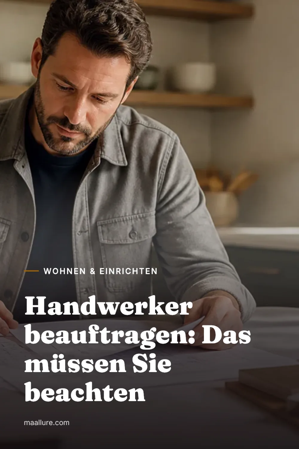 Bauherrin prüft Kostenvoranschläge und Baupläne in einer hellen Küche