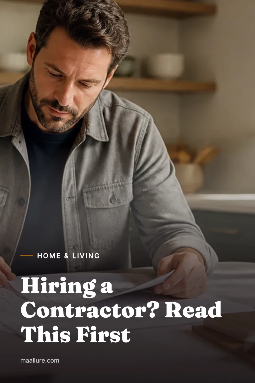 Homeowner reviewing contractor quotes and renovation plans at a kitchen island