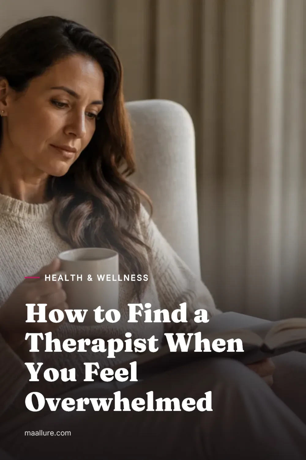 A woman sitting in an armchair by a window, writing notes in a notebook as she plans how to find a therapist
