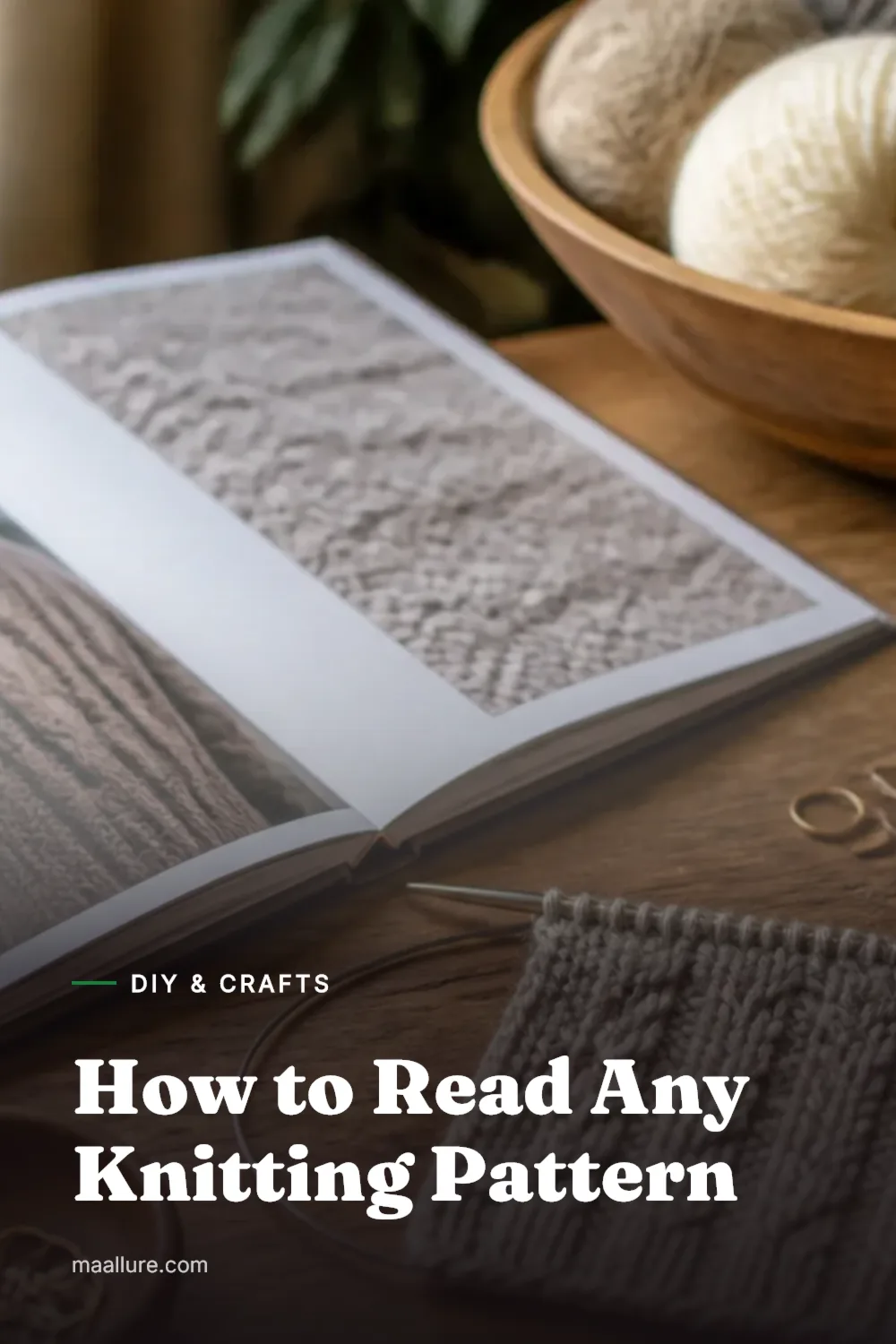 Printed knitting pattern with yarn, needles, stitch markers, and a knitted swatch on a wooden table