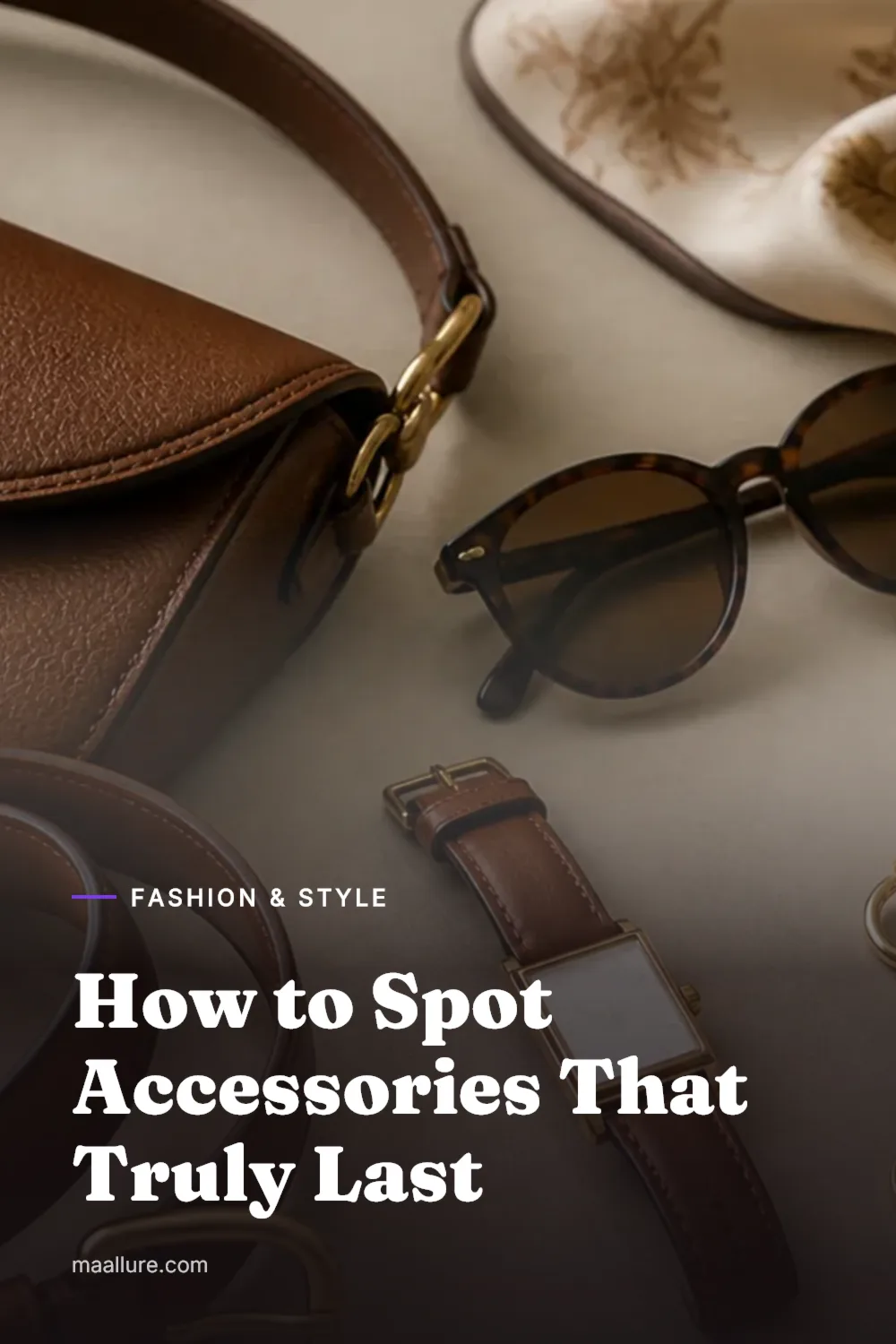Classic leather bag, silk scarf, sunglasses, belt, watch and gold jewellery arranged on a neutral surface