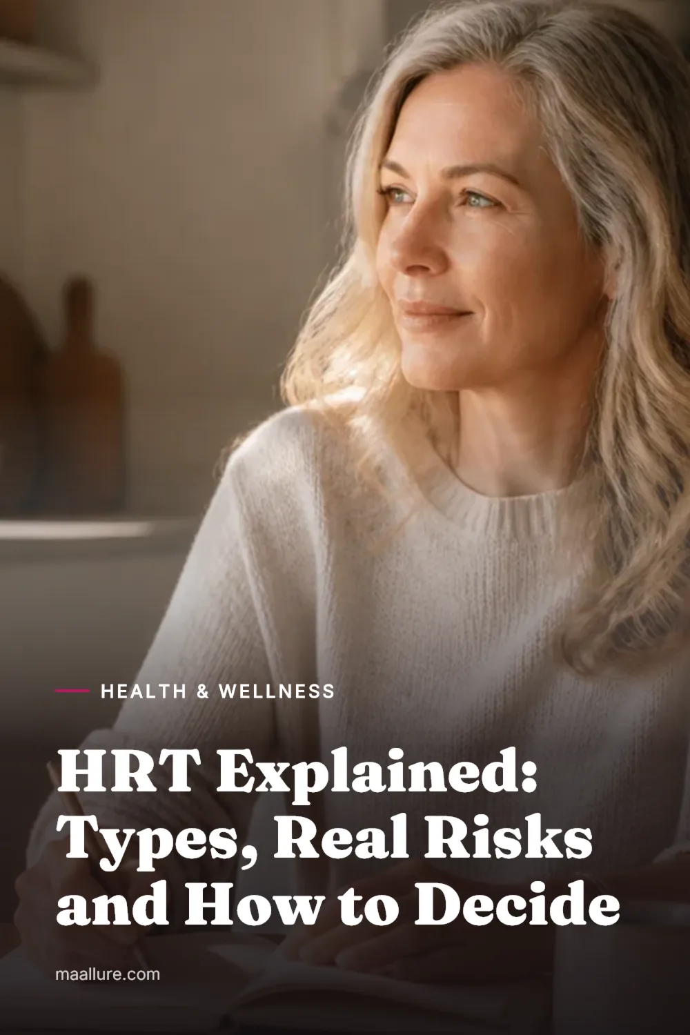Woman in her fifties writing notes in a notebook at a sunlit kitchen table while thinking through her menopause treatment options
