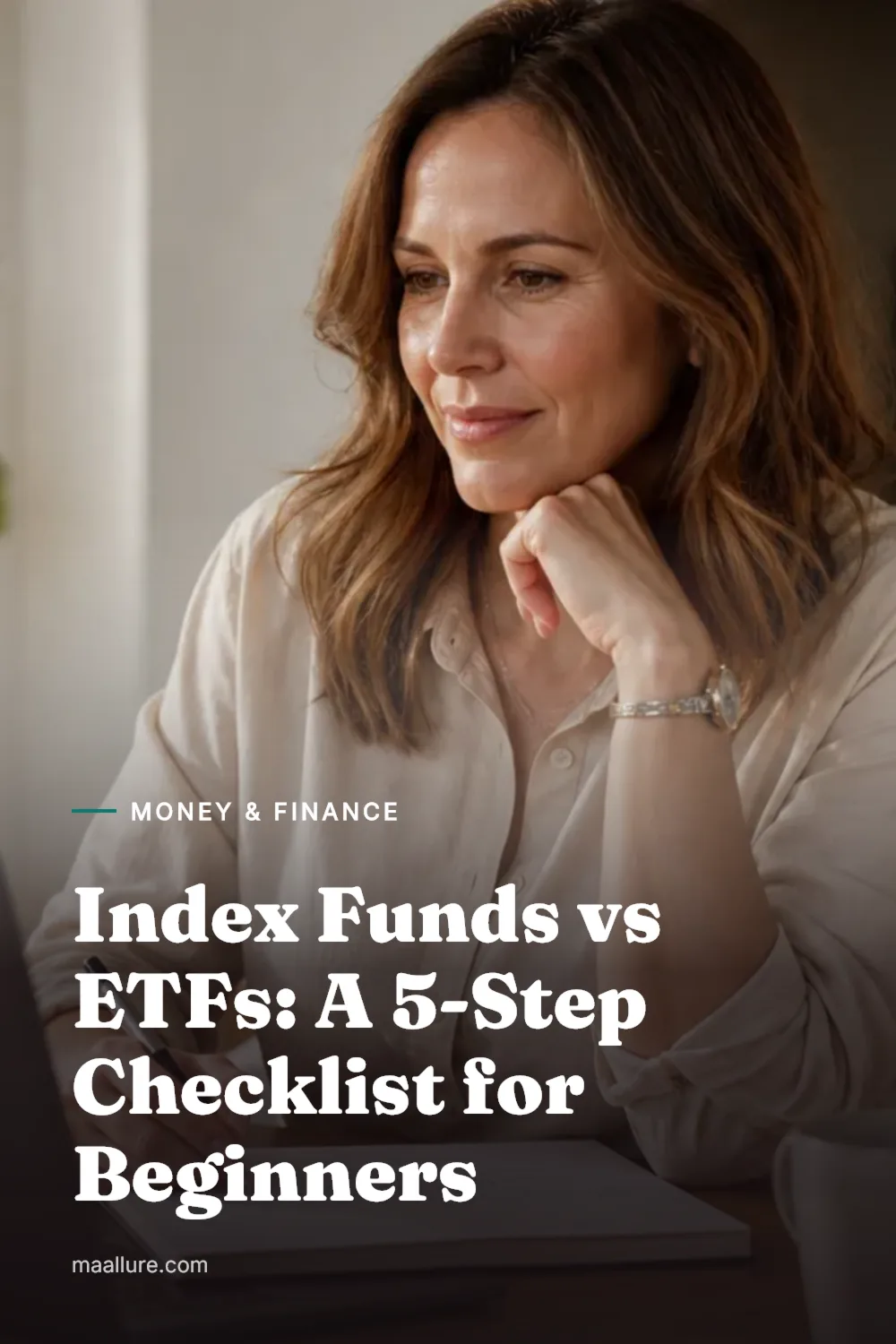 Woman at a sunlit kitchen table with a laptop and notebook, calmly comparing index funds and ETFs before choosing her first investment