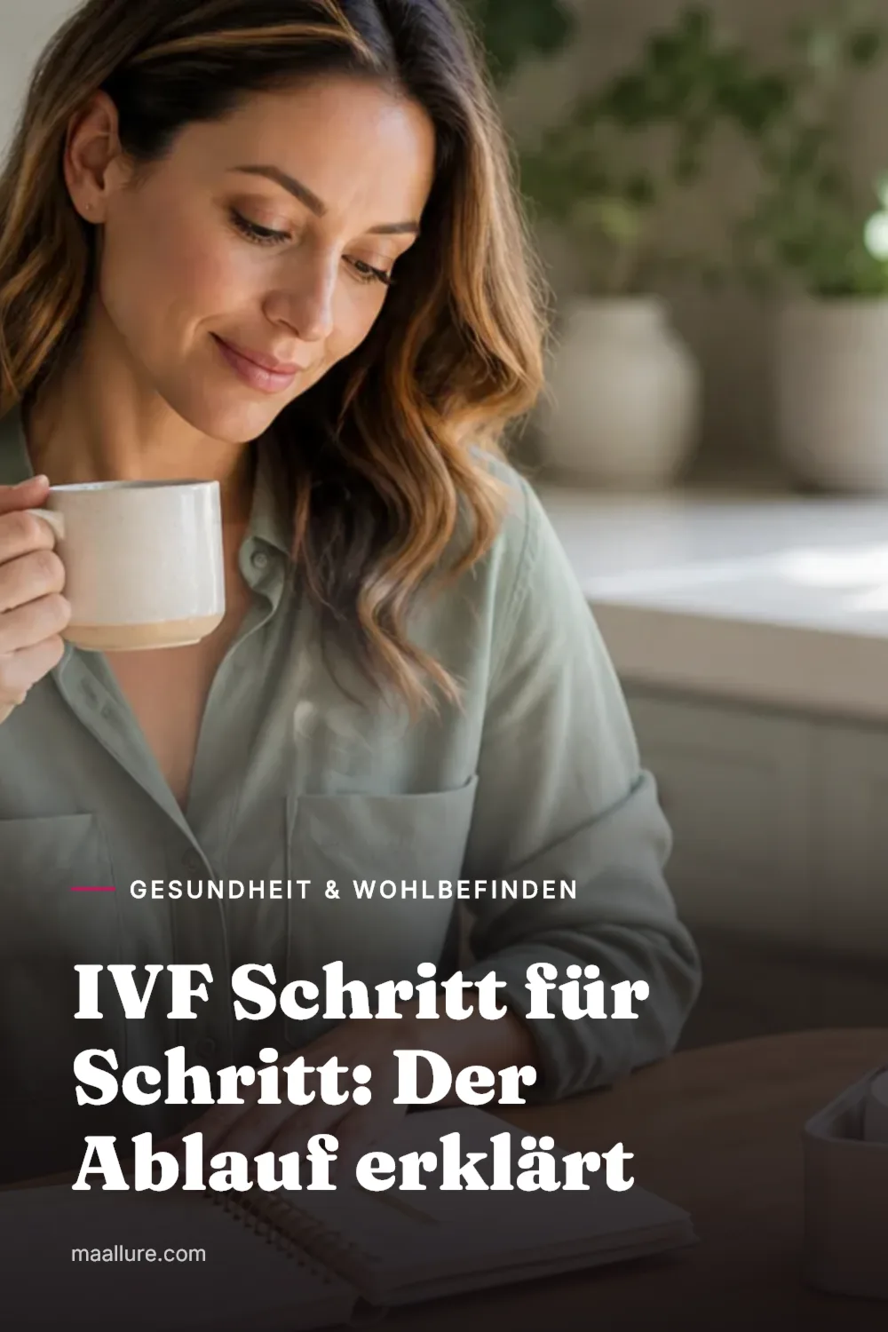 Eine Frau sitzt an einem sonnigen Küchentisch mit Tee und einem offenen Terminplaner neben einer kleinen Box mit medizinischem Zubehör