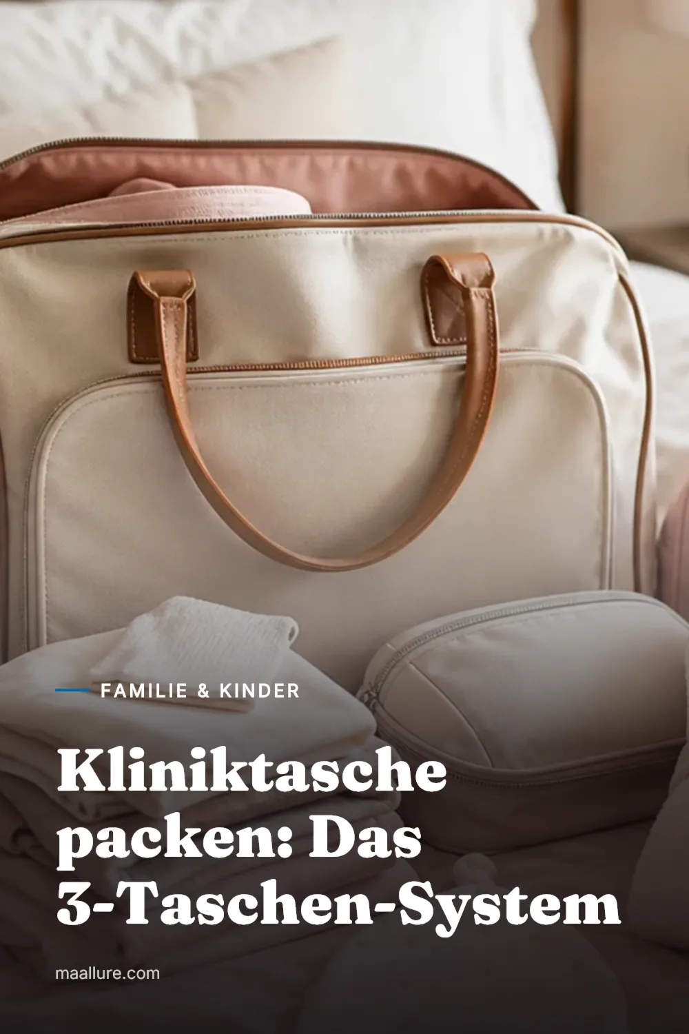 Gepackte Kliniktasche auf einem Bett mit Wickelbody, gemütlicher Strickjacke und Kulturbeutel