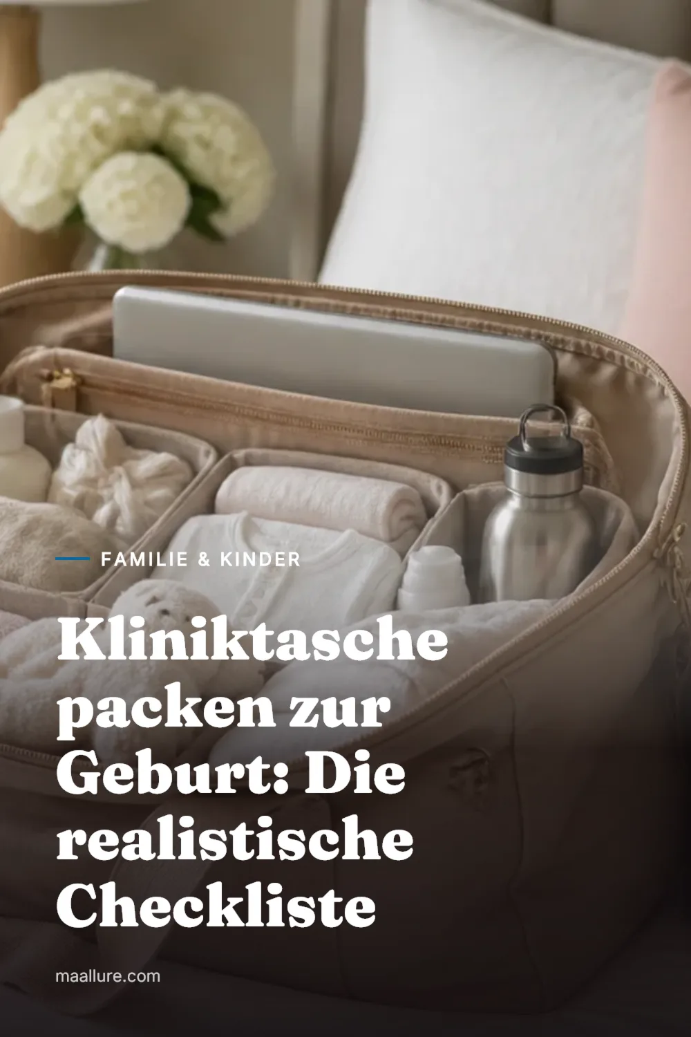 Eine übersichtlich gepackte Kliniktasche mit Babykleidung, Dokumenten und Utensilien auf einem Bett
