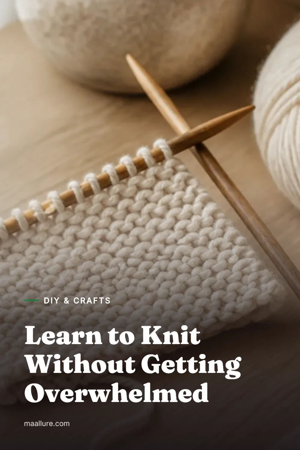 Wooden knitting needles with light yarn and a beginner garter stitch swatch on a neutral table