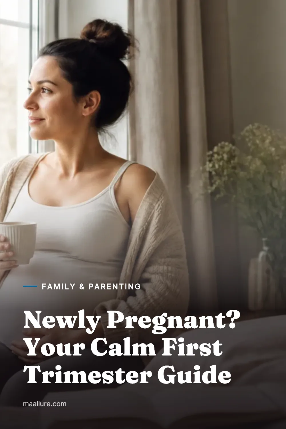 Pregnant woman sitting calmly by a window with a notebook during the first trimester