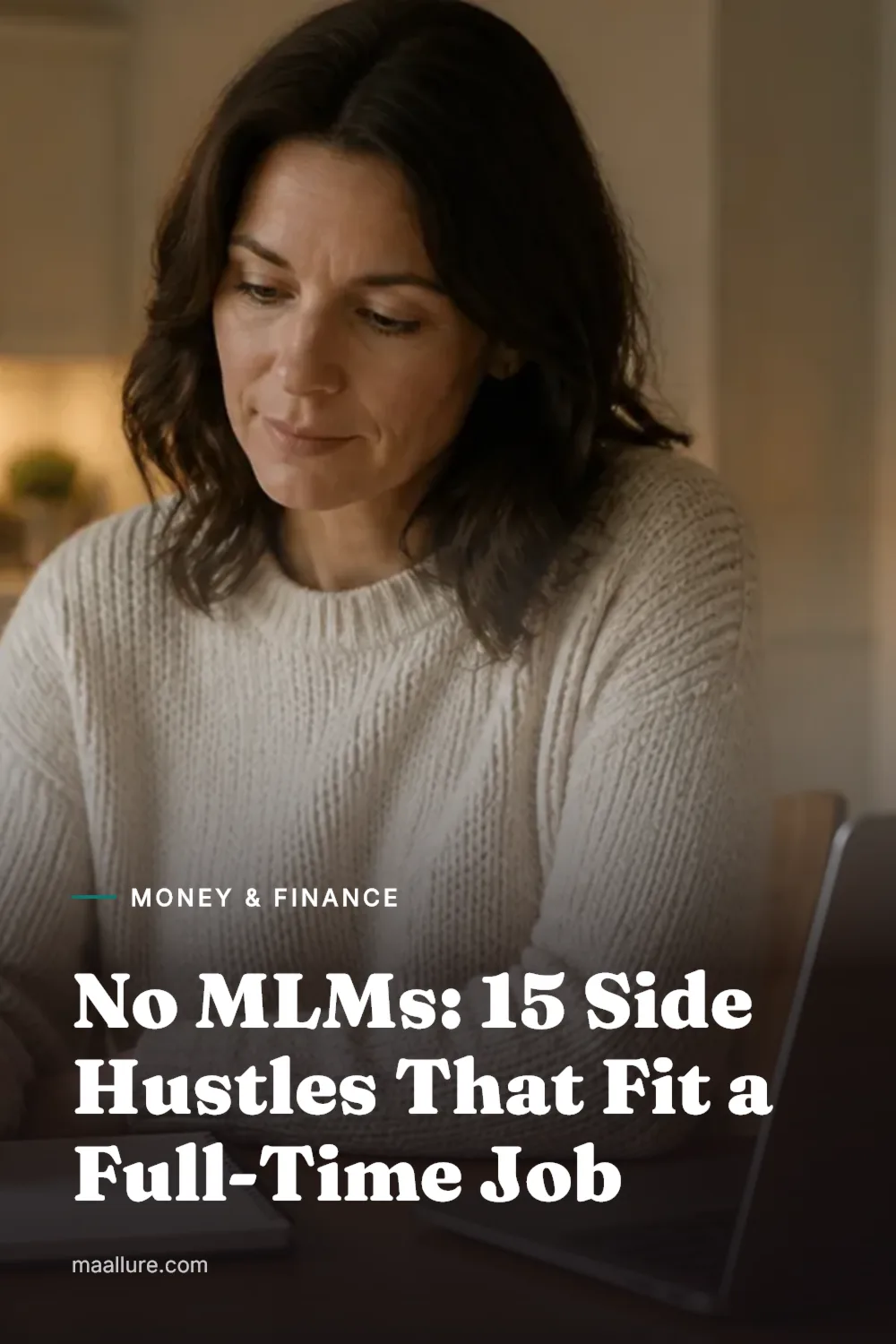 Woman planning a side hustle at her kitchen table in the evening with a laptop, notebook and mug of tea