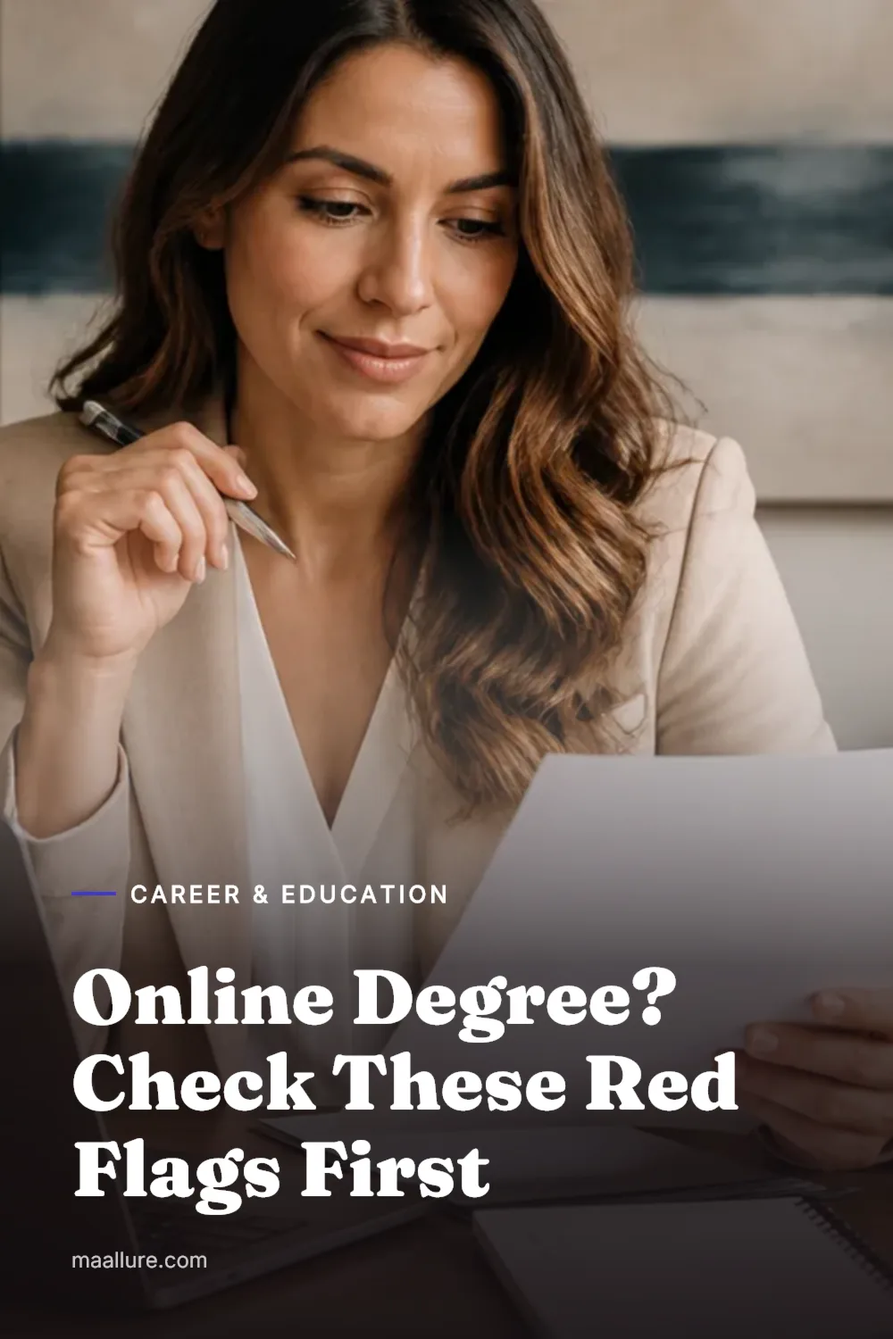 Woman reviewing online degree information on a laptop with a checklist in a home office