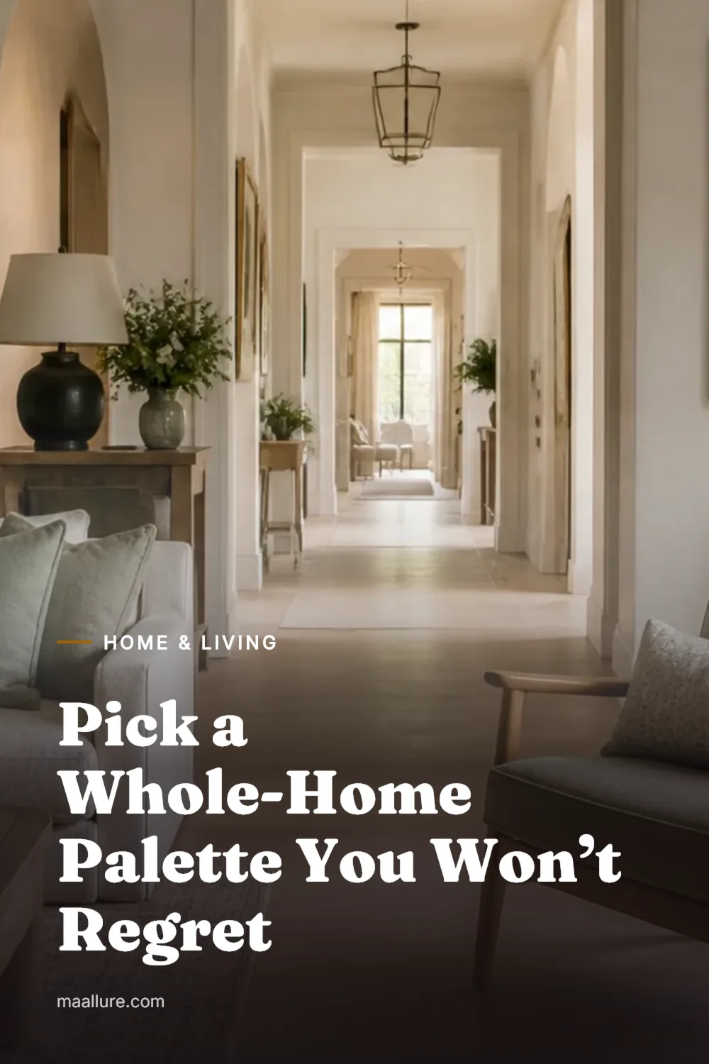 Cohesive whole-home color palette with warm neutral walls, sage accents and natural wood in a living room and hallway