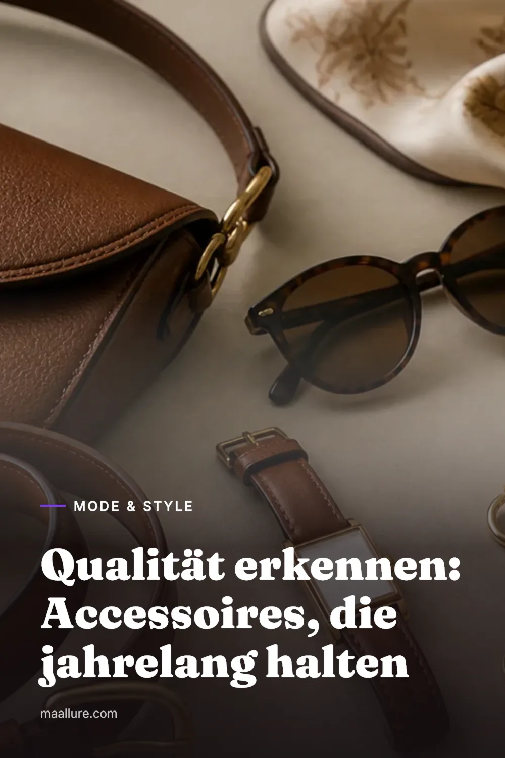 Klassische Ledertasche, Seidentuch, Sonnenbrille, Gürtel, Armbanduhr und dezenter Goldschmuck auf neutralem Untergrund