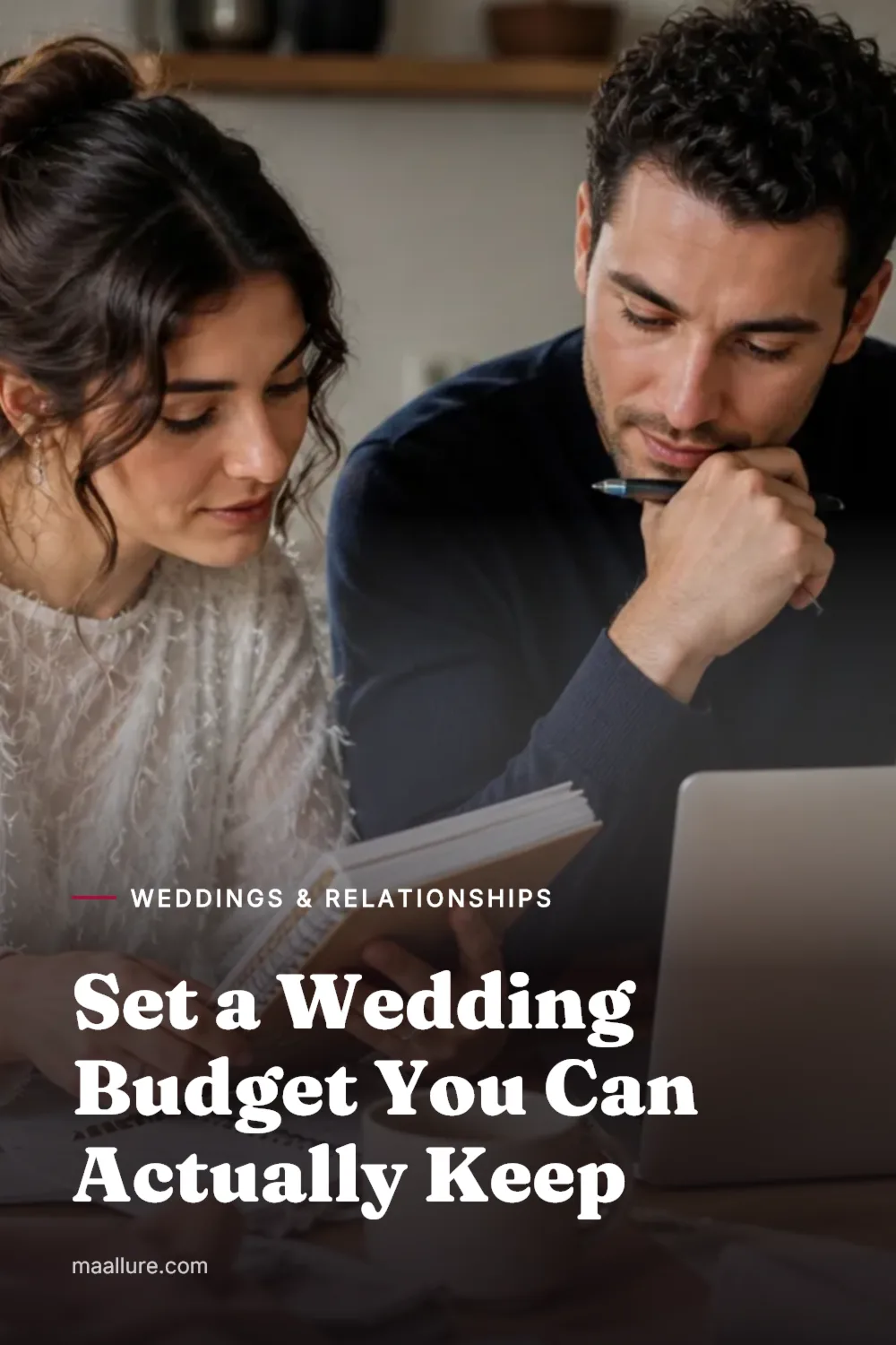 Engaged couple reviewing a wedding budget together at a table