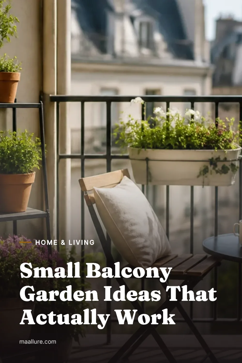 Small apartment balcony garden with herbs, flowers, lightweight planters and a folding chair