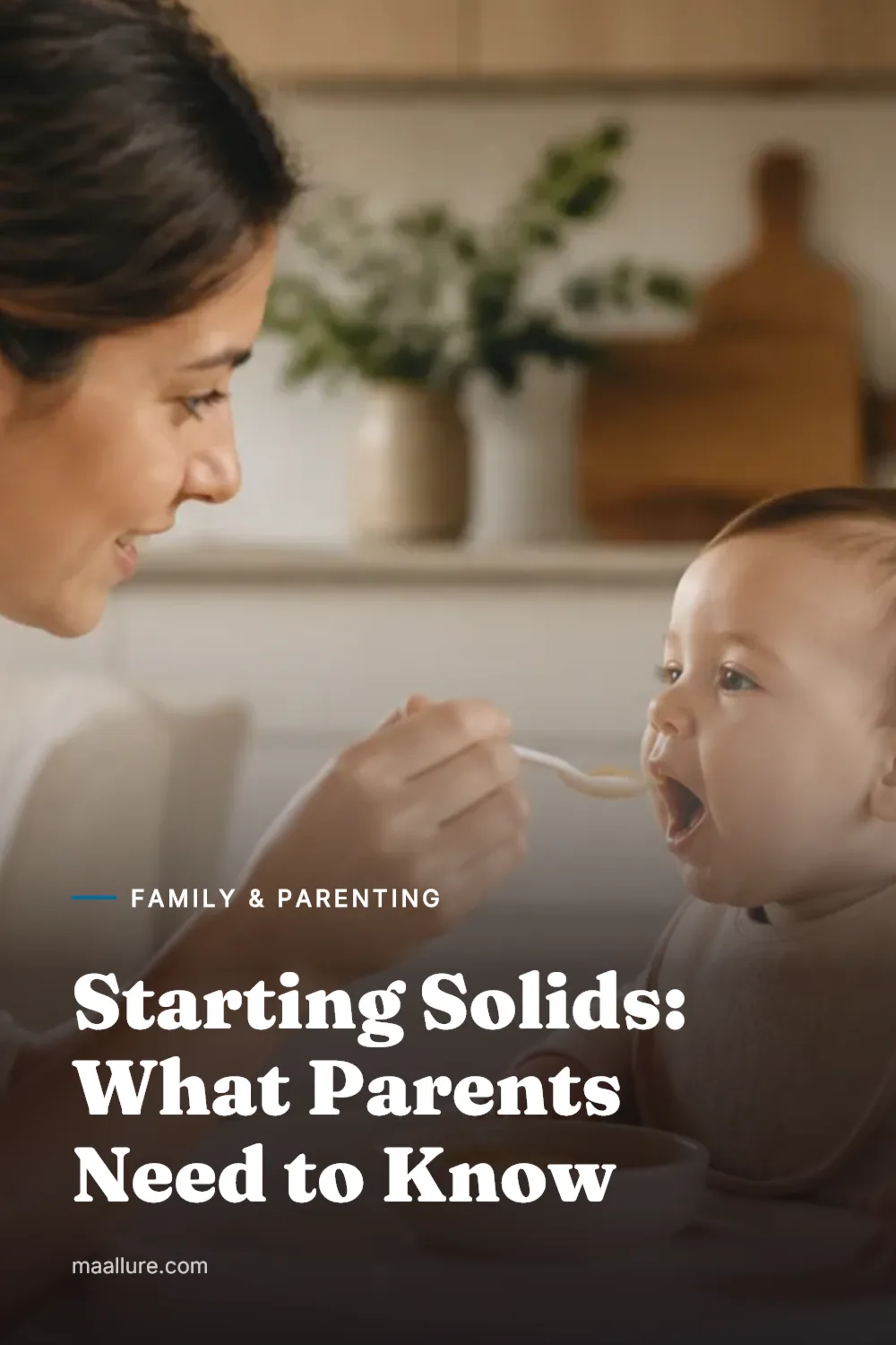 Parent offering soft first foods to a baby seated in a high chair in a bright kitchen