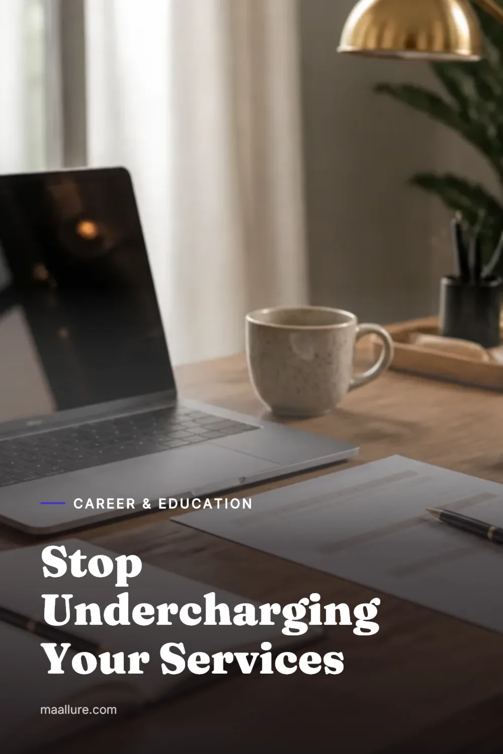 A laptop, calculator and notebook on a stylish desk for planning service pricing