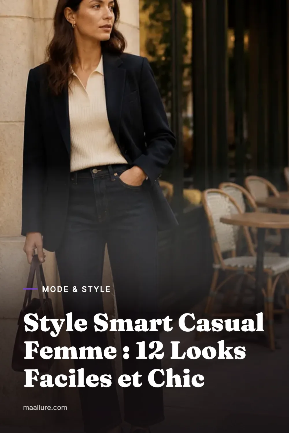 Femme vêtue d'un blazer marine, d'un pull écru en maille fine, d'un jean brut et de mocassins en cuir