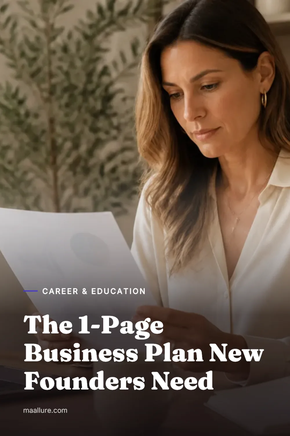 Female entrepreneur reviewing a one-page business plan at a bright home office desk