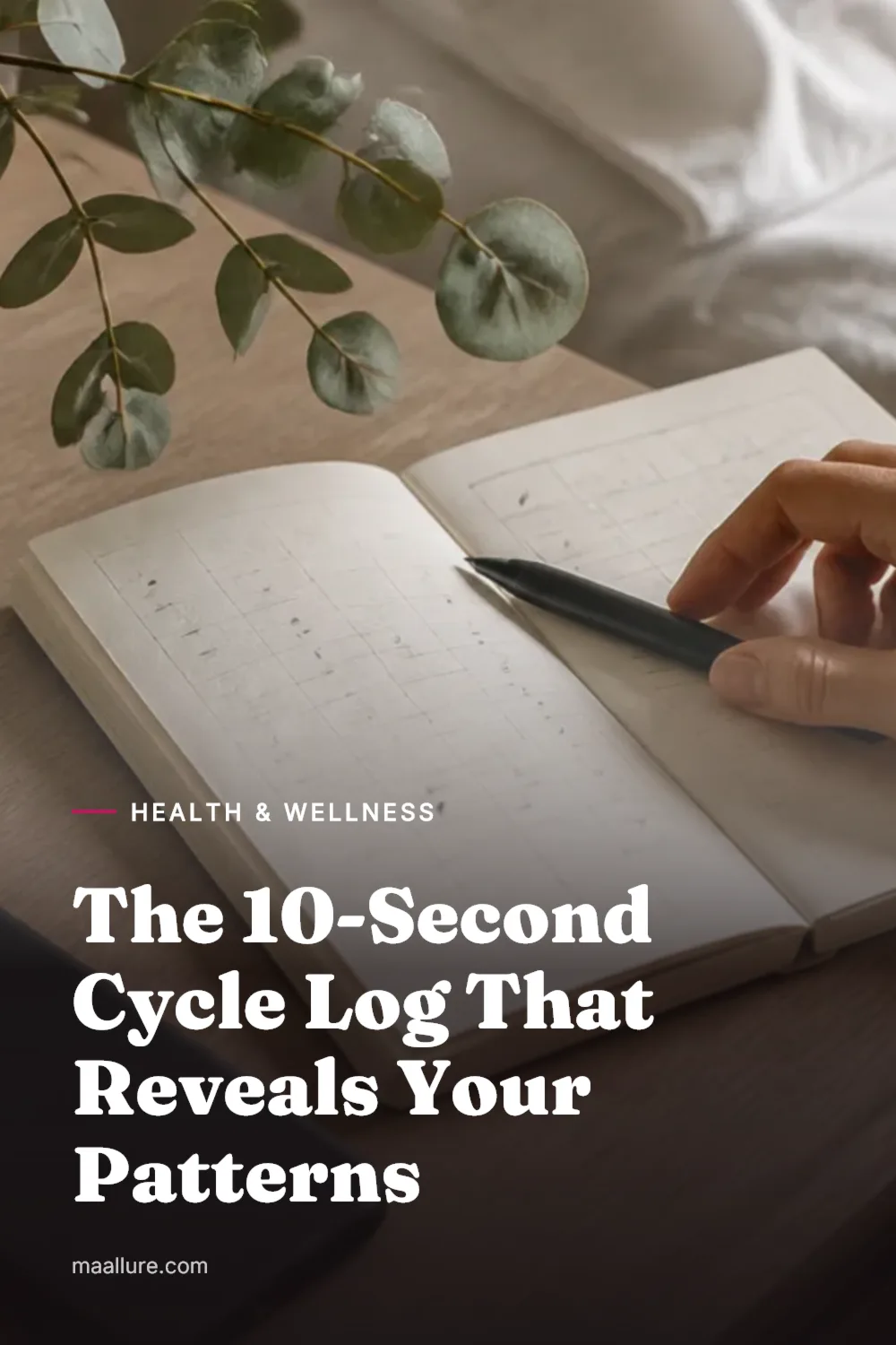A paper cycle-tracking notebook with a hand-drawn grid on a bedside table, beside a phone and a glass of water in soft morning light