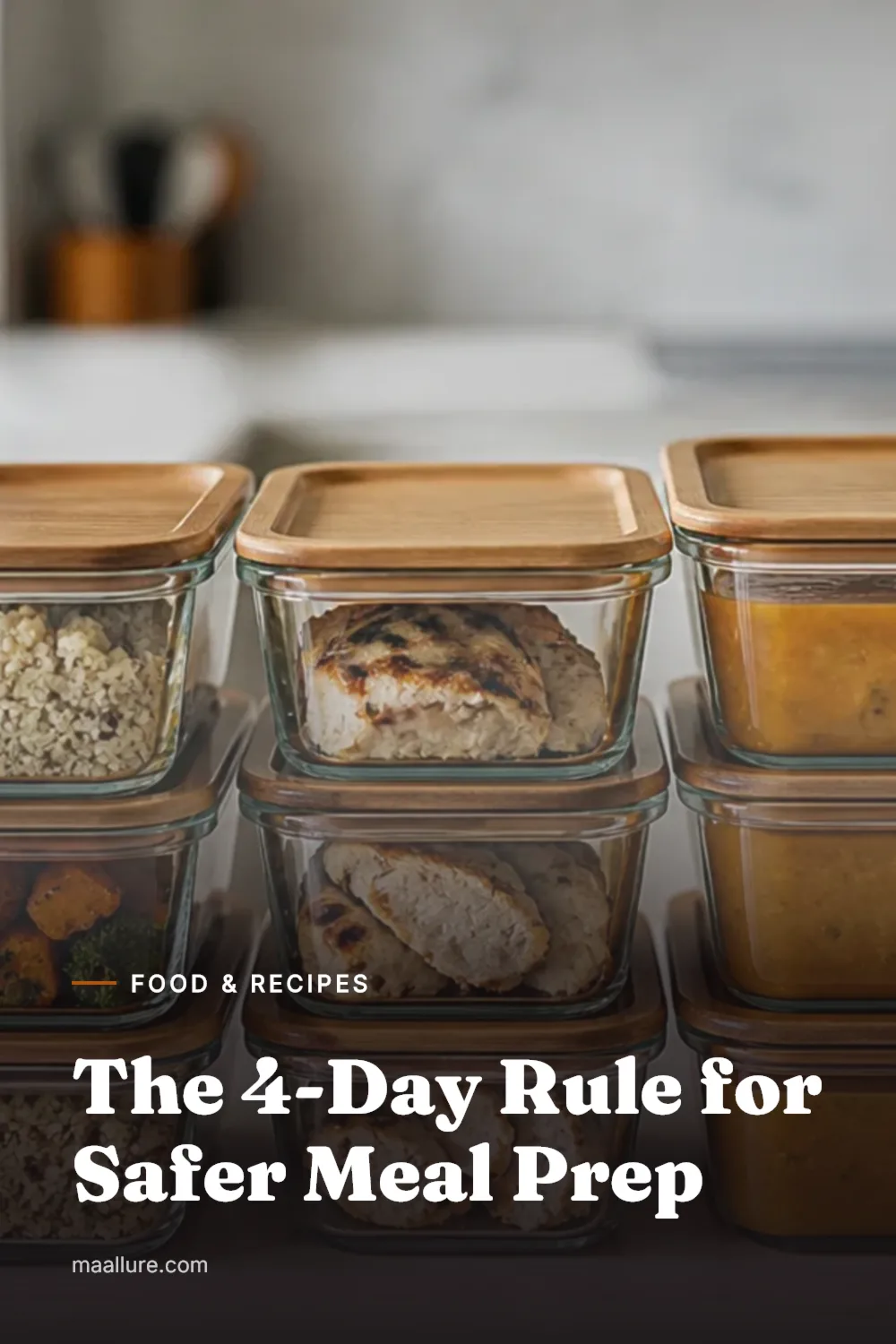Labelled meal prep containers with cooked grains, vegetables, chicken, soup and salad components on a kitchen counter