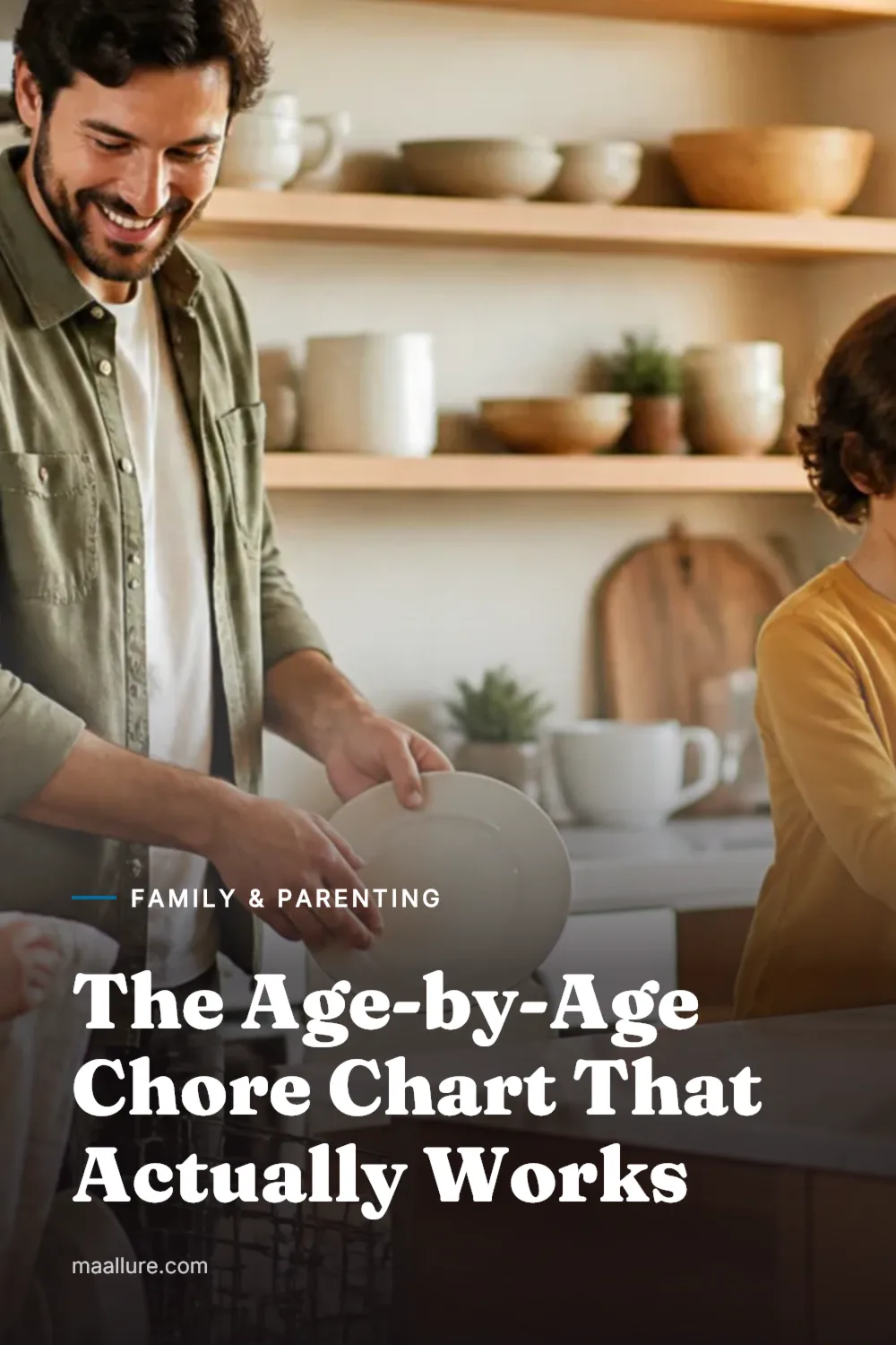 Parent and children doing age-appropriate household chores together in a bright kitchen