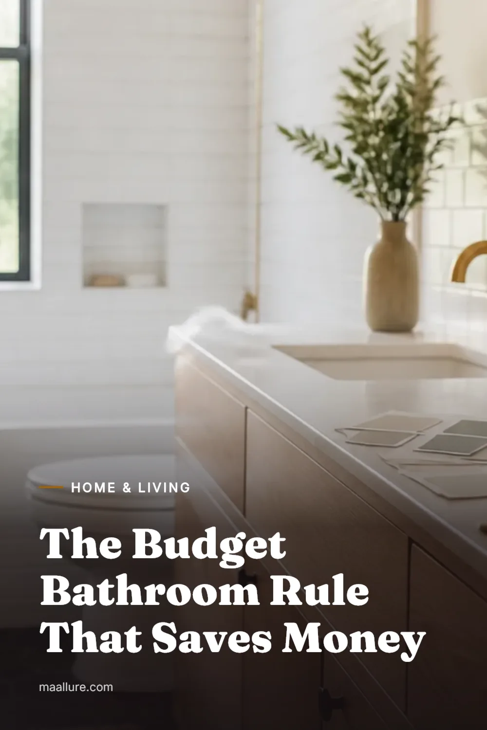 Bright small bathroom with simple vanity, white tiles, tools and renovation samples arranged neatly